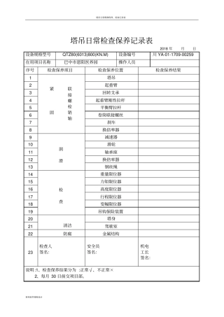 塔吊日常检查保养记录表