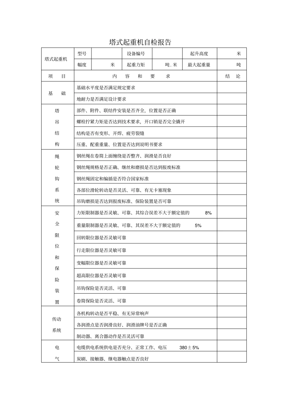 塔吊自检报告表格_第1页