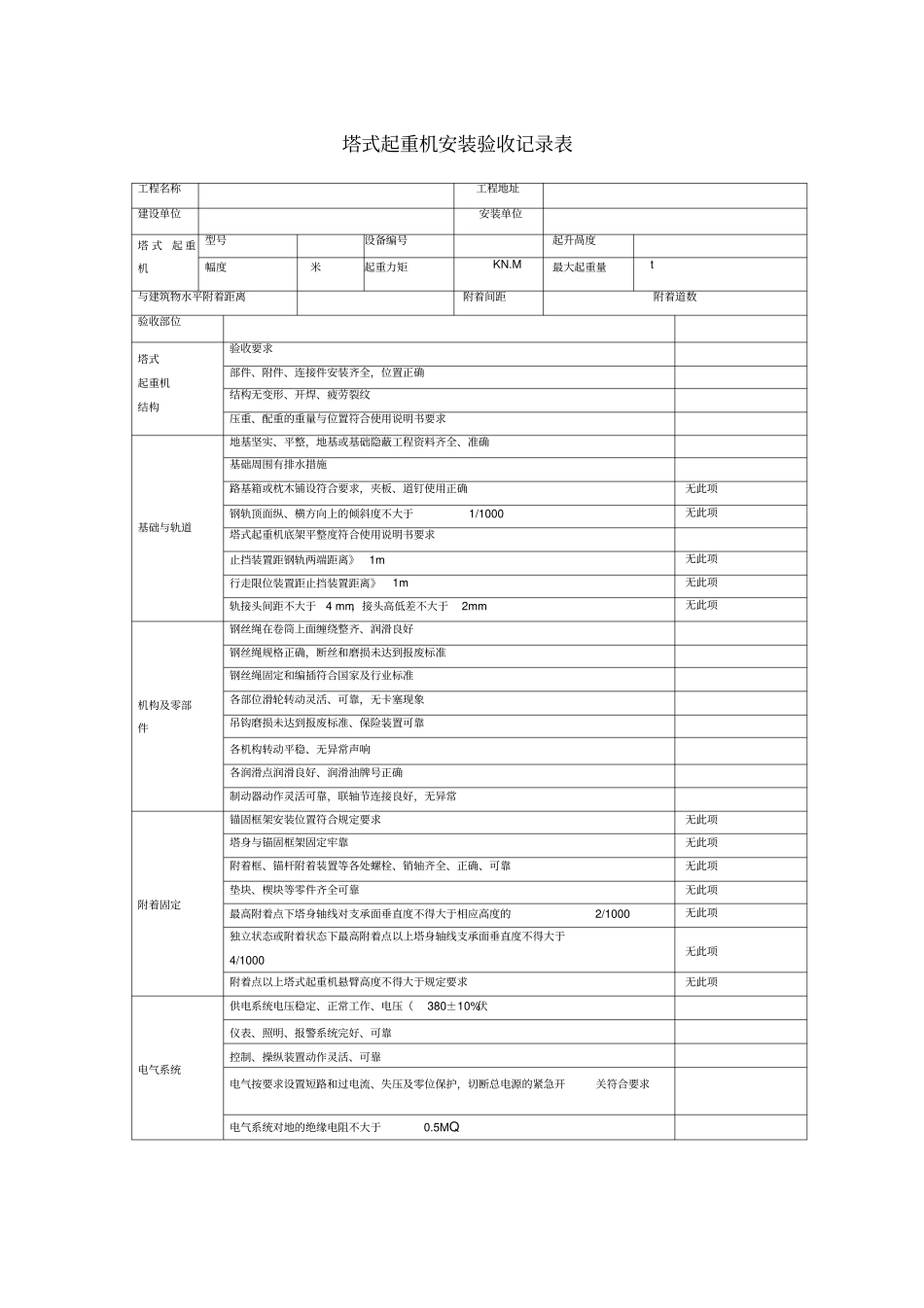 塔吊验收表四方_第1页