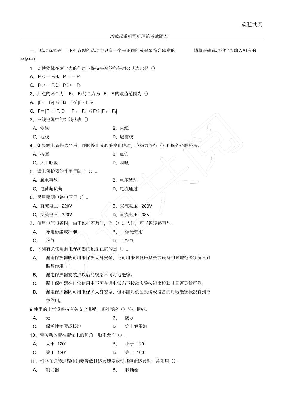 塔式起重机司机理论考试习题库单项习题_第1页