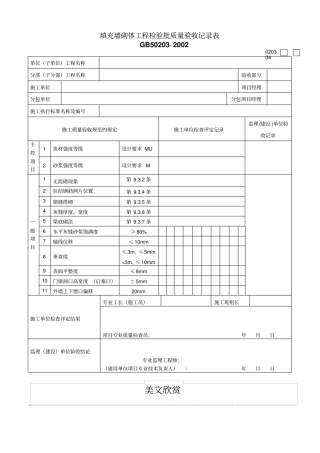 填充墙砌体工程检验批质量验收记录表