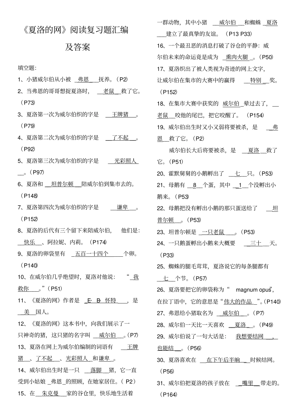 夏洛的网阅读复习题汇编及答案_第1页