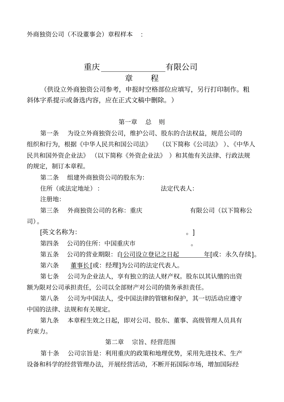 外商独资公司不设董事会章程样本_第1页