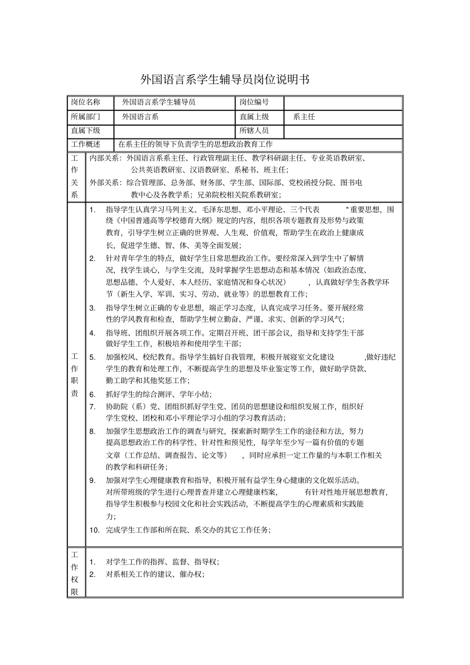 外国语言系学生辅导员岗位说明书_第1页