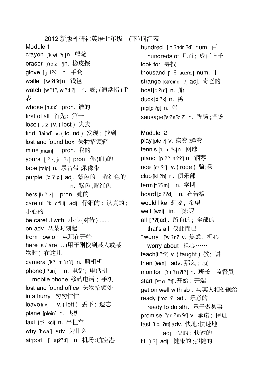 外研版七年级下册词汇表带音标_第1页