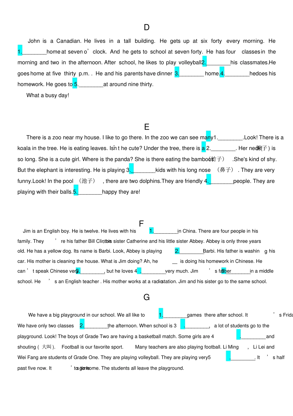 外研版七年级原创盲填完形填空_第2页
