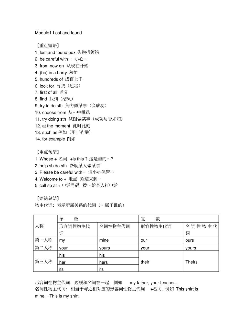外研版七年级下英语短语、句型、语法期末复习_第1页
