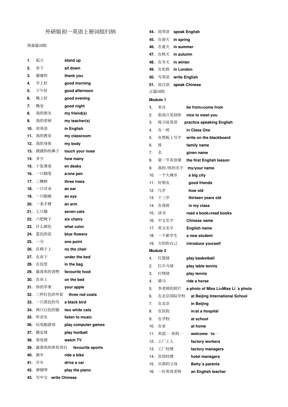 外研版初一英语上册词组归纳_第1页
