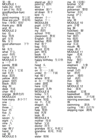 外研版小学英语三年级起点第一册英语词汇表手写体
