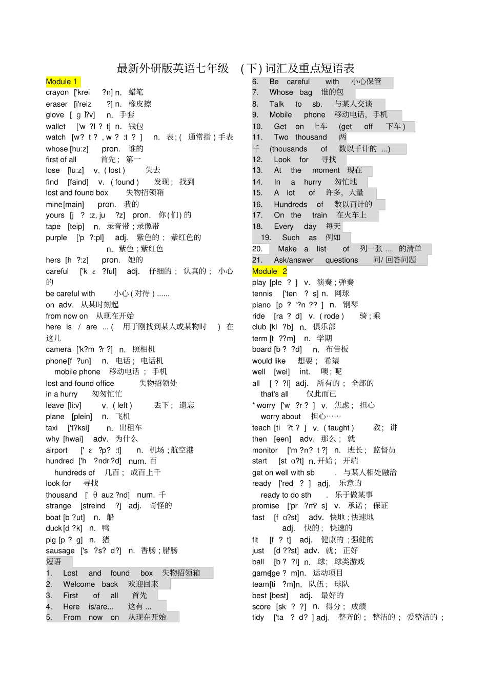 外研版英语七年级词汇及重点短语表_第1页