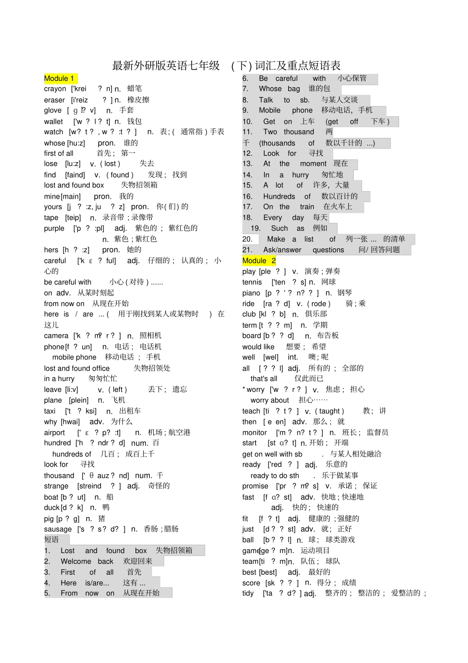 外研版英语七年级下词汇及重点短语表_第1页