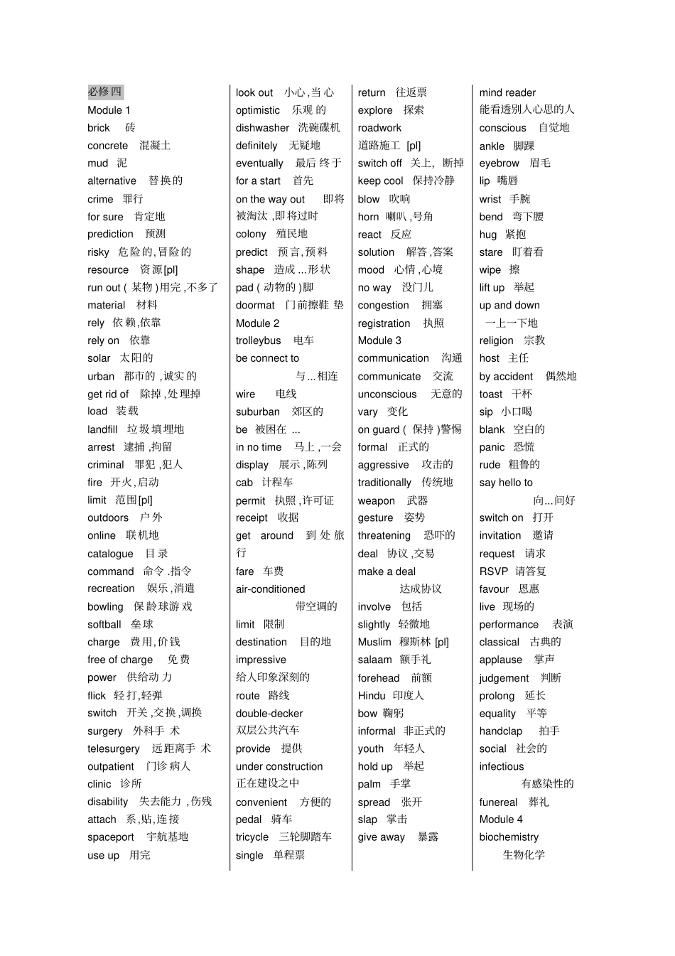 外研版英语必修四单词打印版_第1页