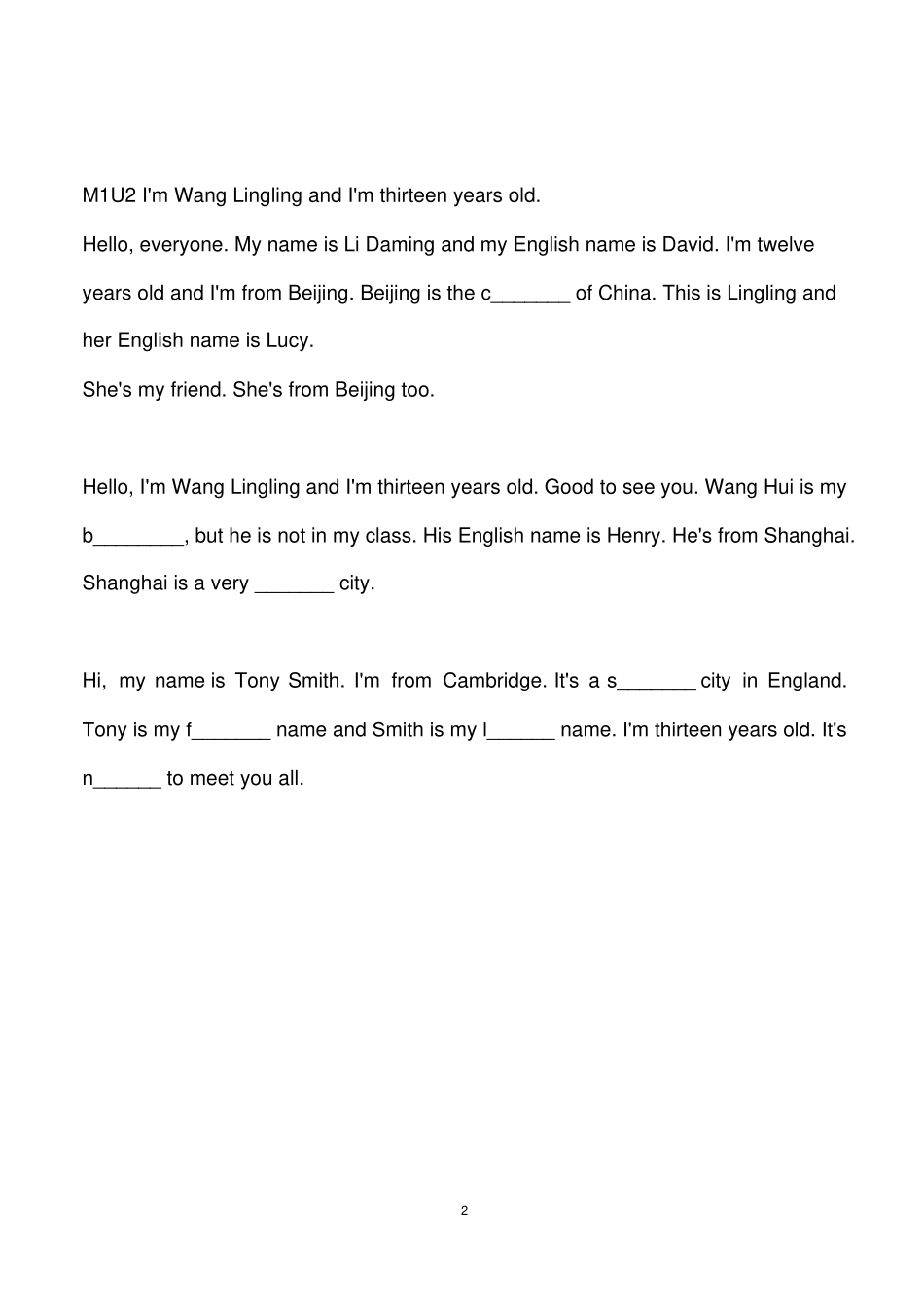 外研社七年级上册英语课文挖空练习_第2页