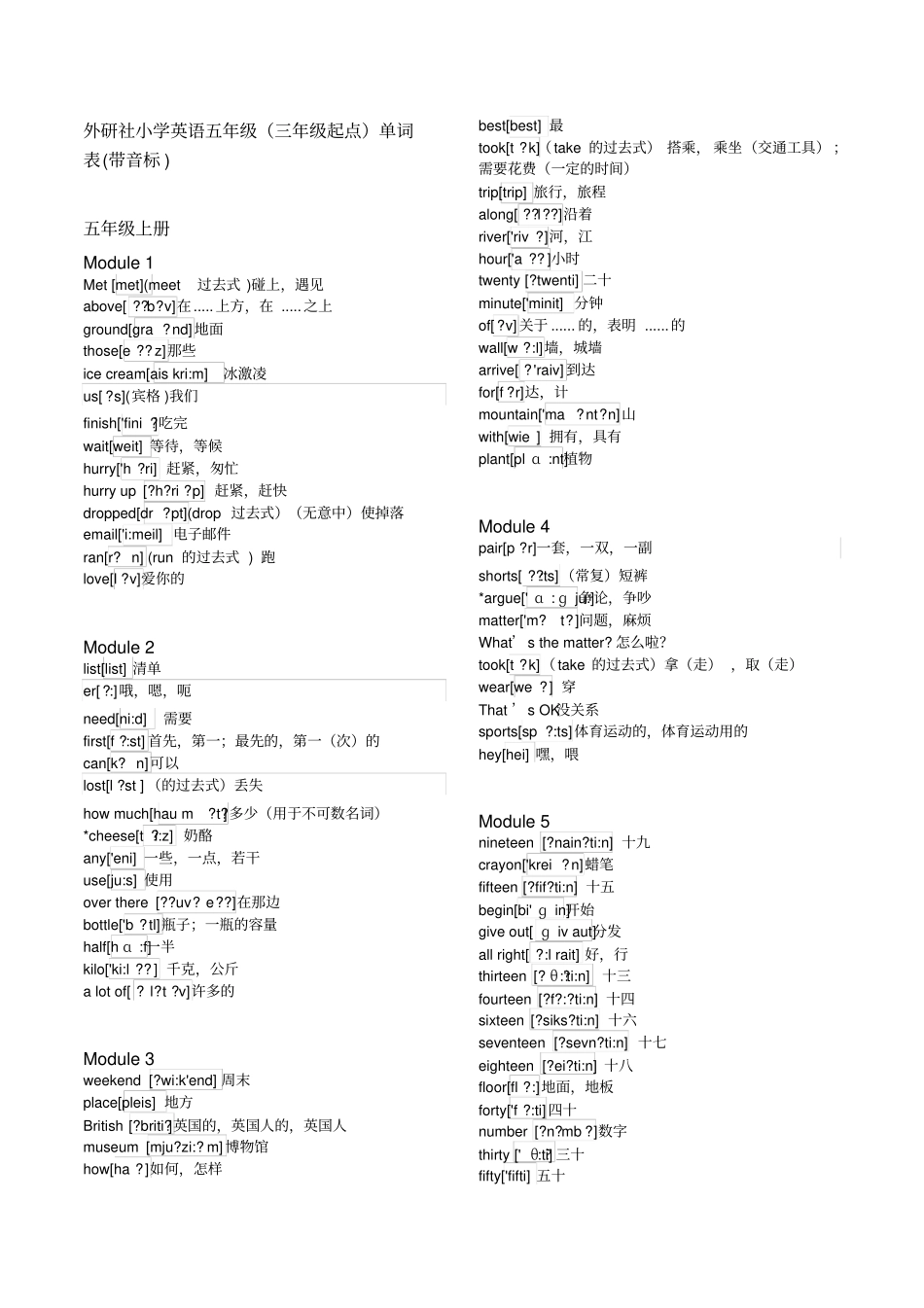 外研社小学英语五年级上下册三年级起点单词表带音标_第1页