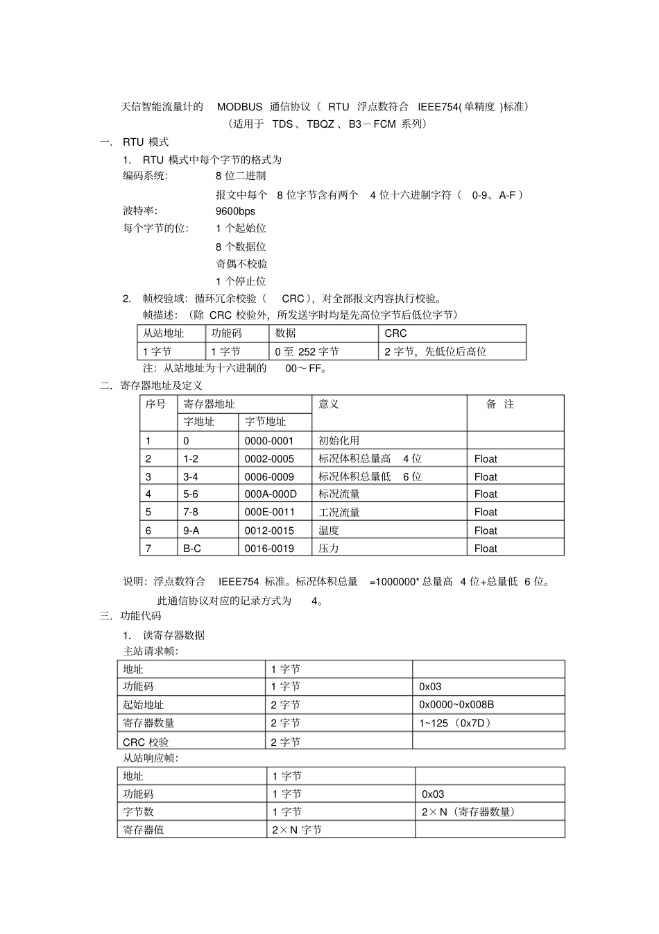天信智能流量计的MODBUS通信协议RTU浮点数符合IEEE754单精度标准_第1页