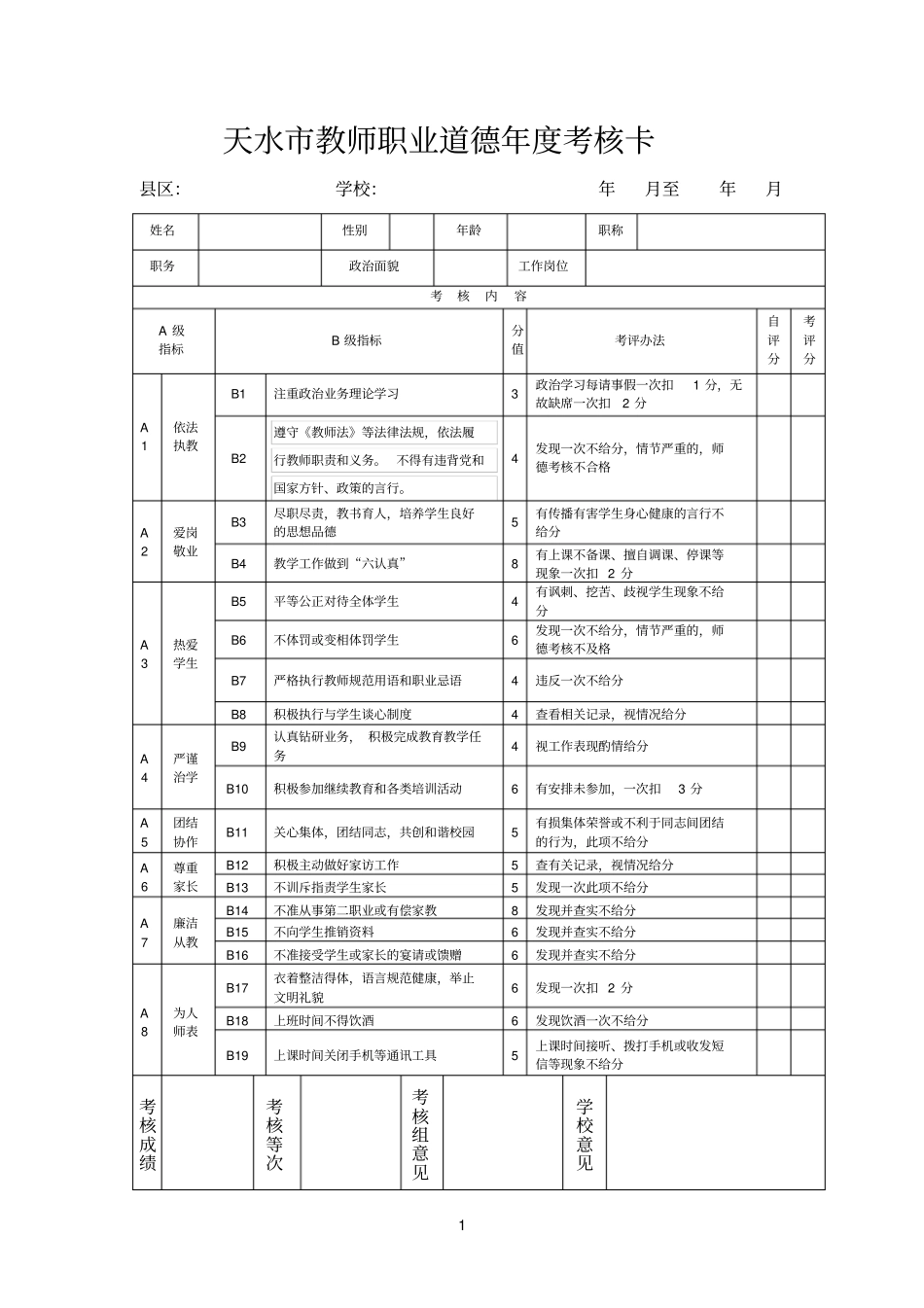 天水教师职业道德年考核卡新_第1页