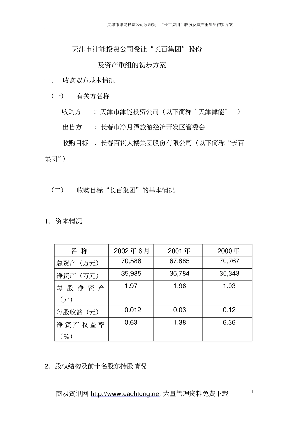 天津津能收购长百集团初步方案_第1页