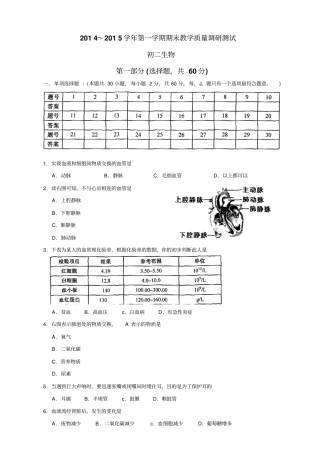 太仓、昆山2014～2015学年第一学期初二生物期末测试及答案汇总