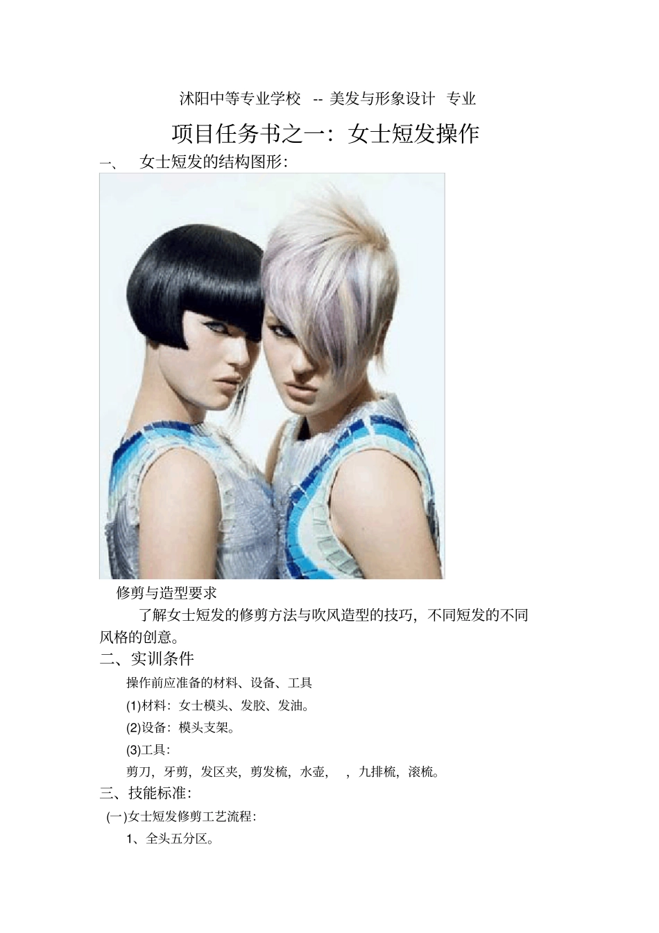 女士短发修剪操作任务书_第1页