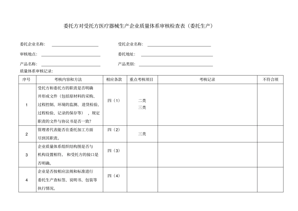 委托方对受托方医疗器械生产企业质量体系审核检查表委托生产_第1页