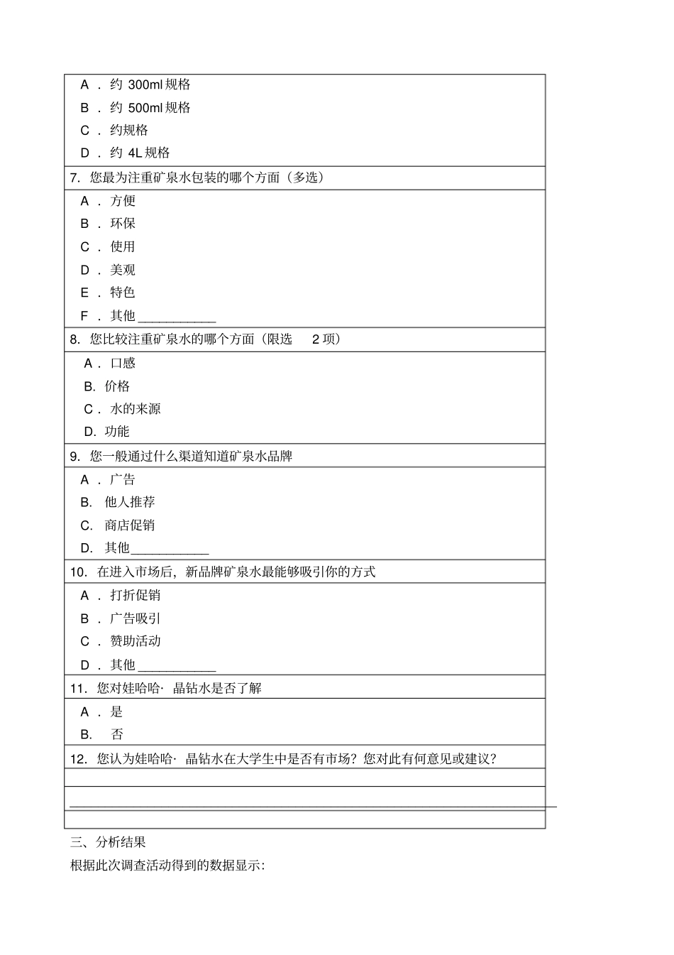 娃哈哈晶钻水场需求的调查问卷分析报告_第2页
