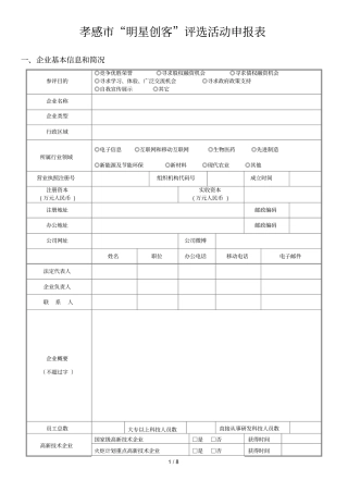 孝感明星创客评选活动申报表