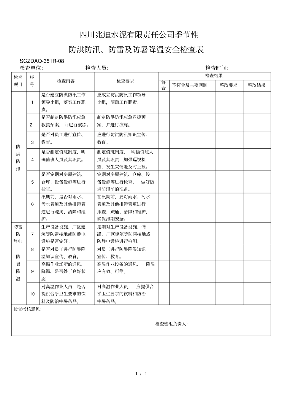 季节性防洪防汛、防雷及防暑降温安全检查表_第1页