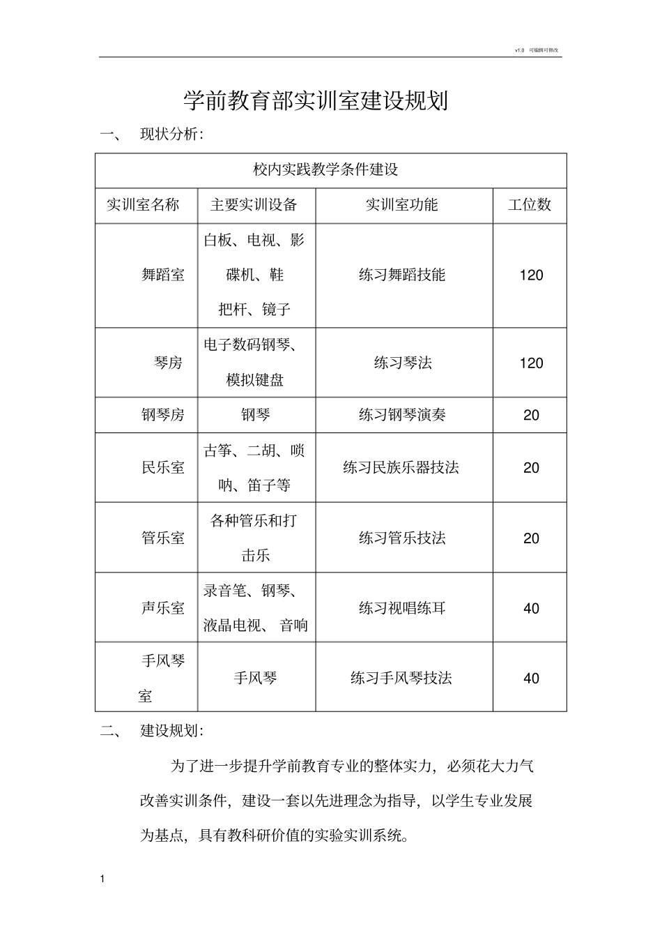 学前教育实训室建设方案_第1页