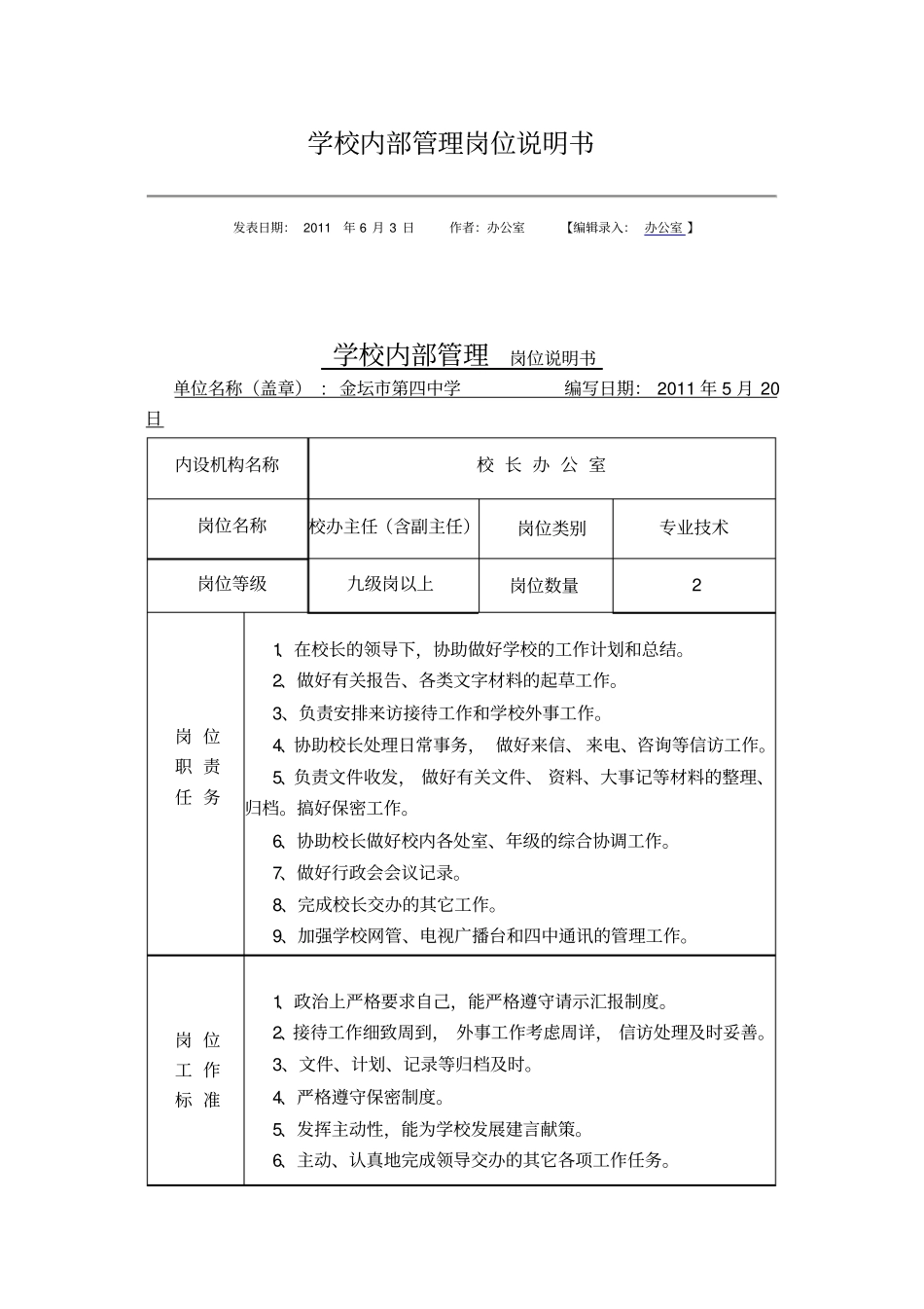学校内部管理岗位说明书_第1页