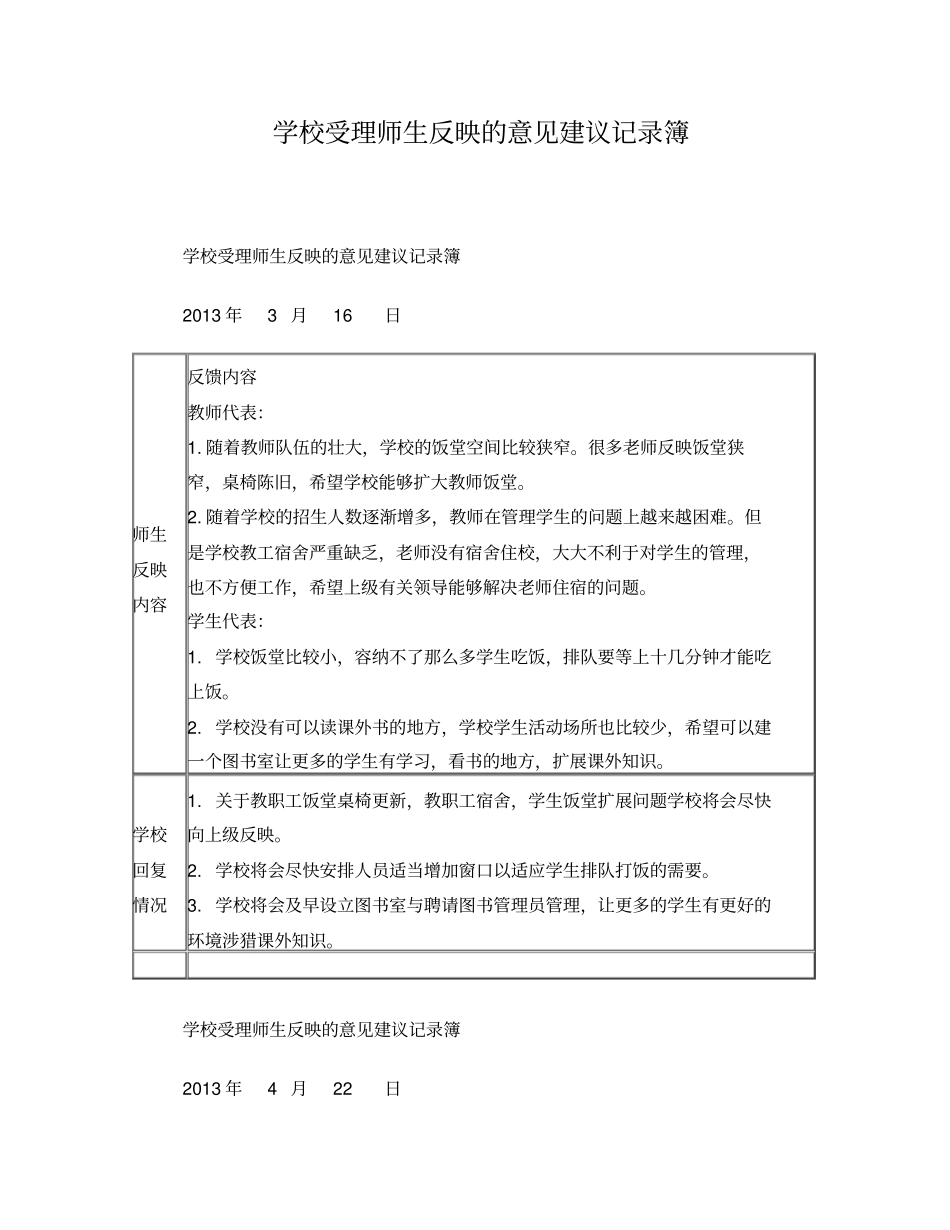 学校回复师生反映的意见建议记录范文_第1页