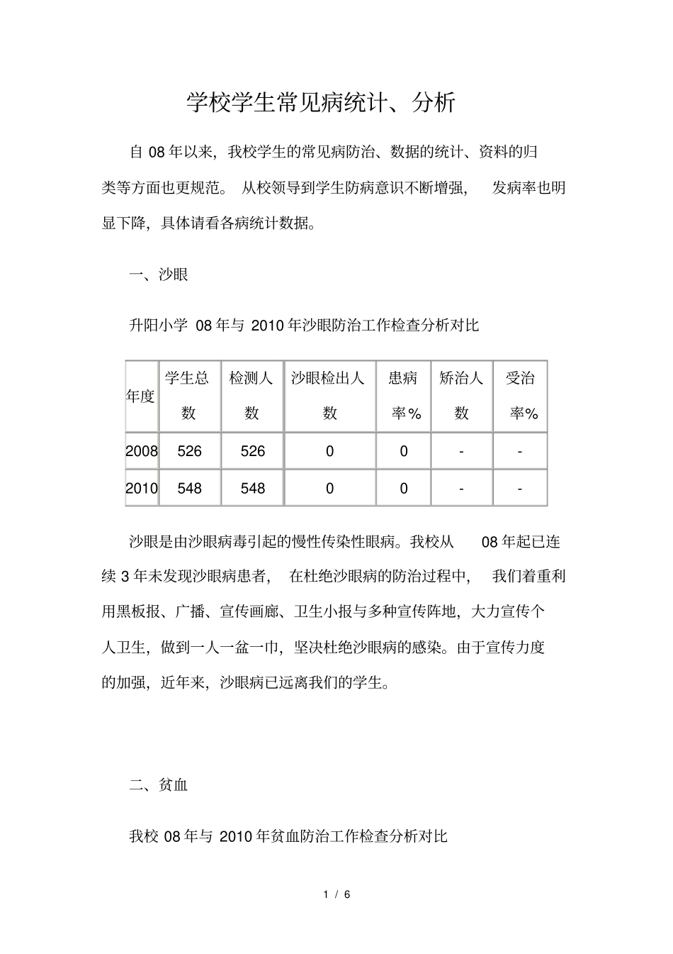 学校学生常见病统计、分析_第1页