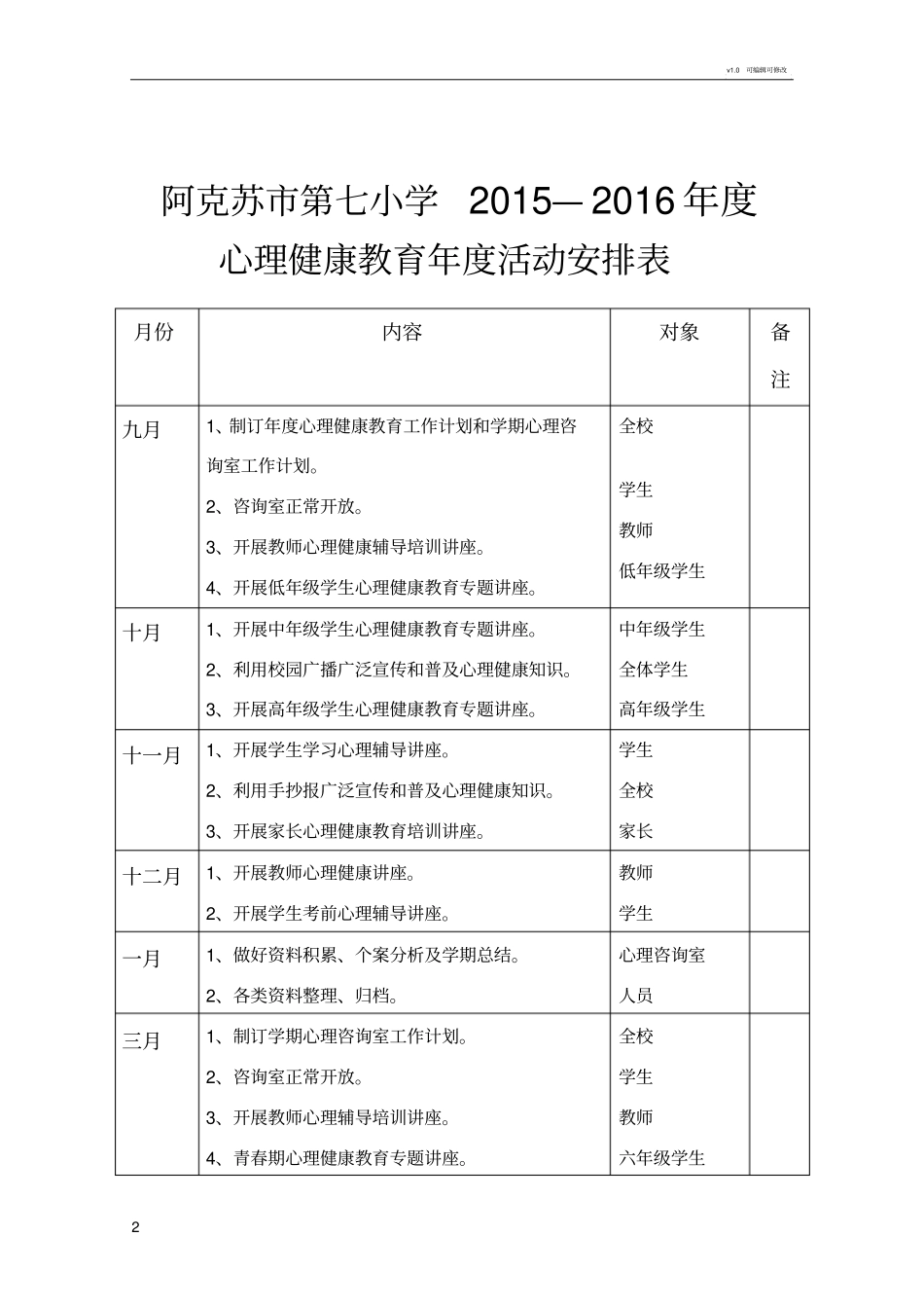 学校心理健康教育活动安排表_第2页
