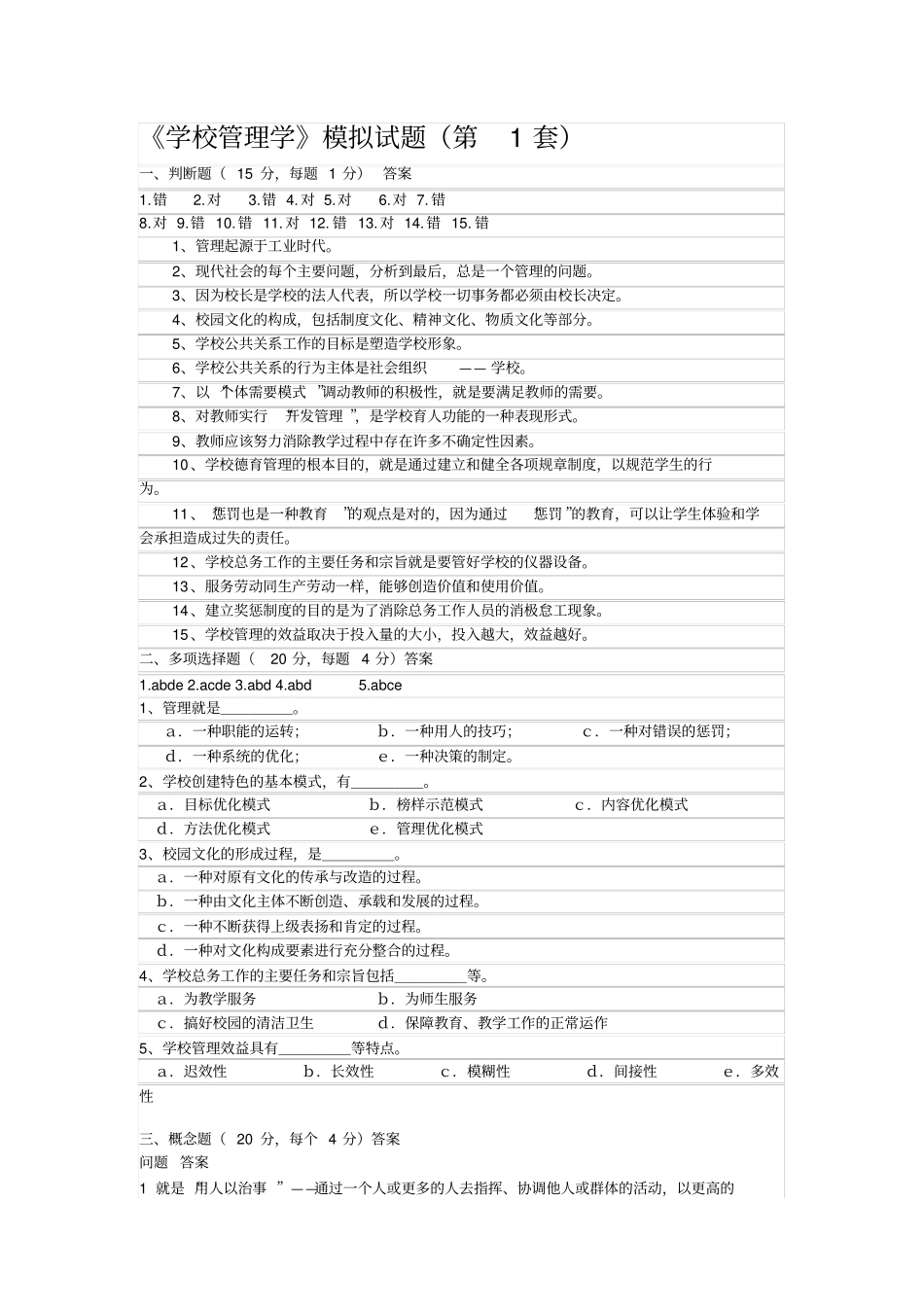 学校管理学模拟试题答案_第1页