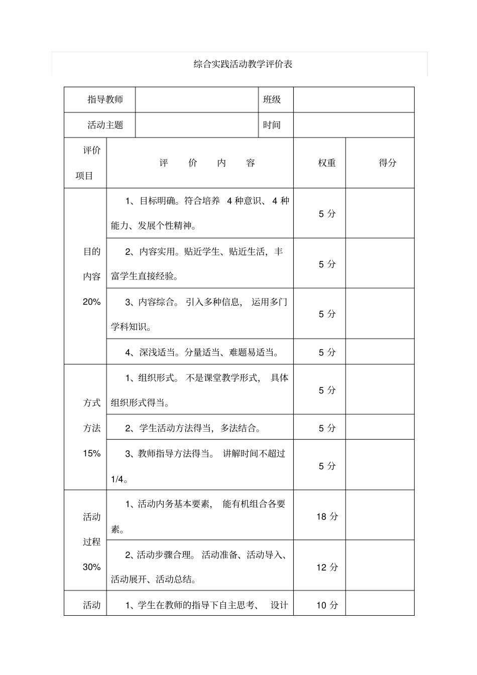 学校综合实践活动教学评价表_第1页