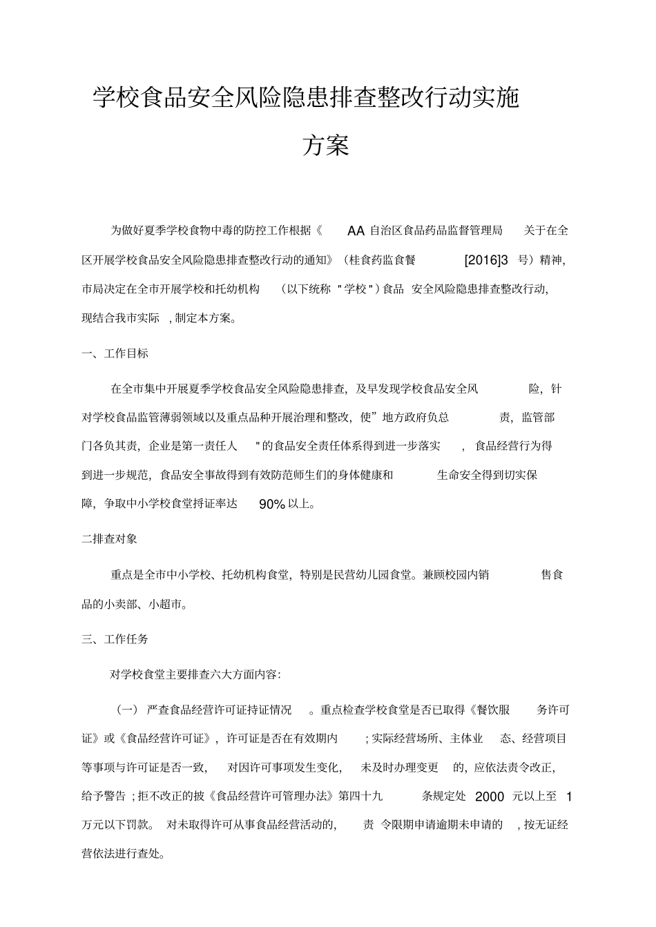 学校食品安全风险隐患排查整改行动实施方案_第1页