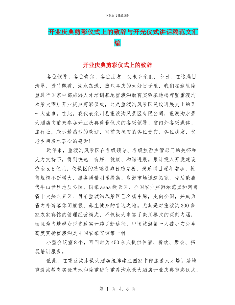 开业庆典剪彩仪式上的致辞与开光仪式讲话稿范文汇编_第1页