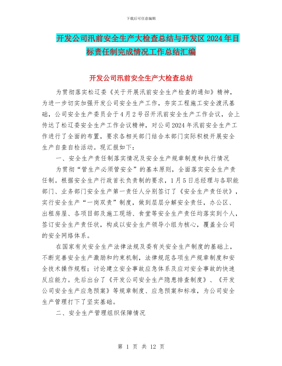 开发公司汛前安全生产大检查总结与开发区2024年目标责任制完成情况工作总结汇编_第1页