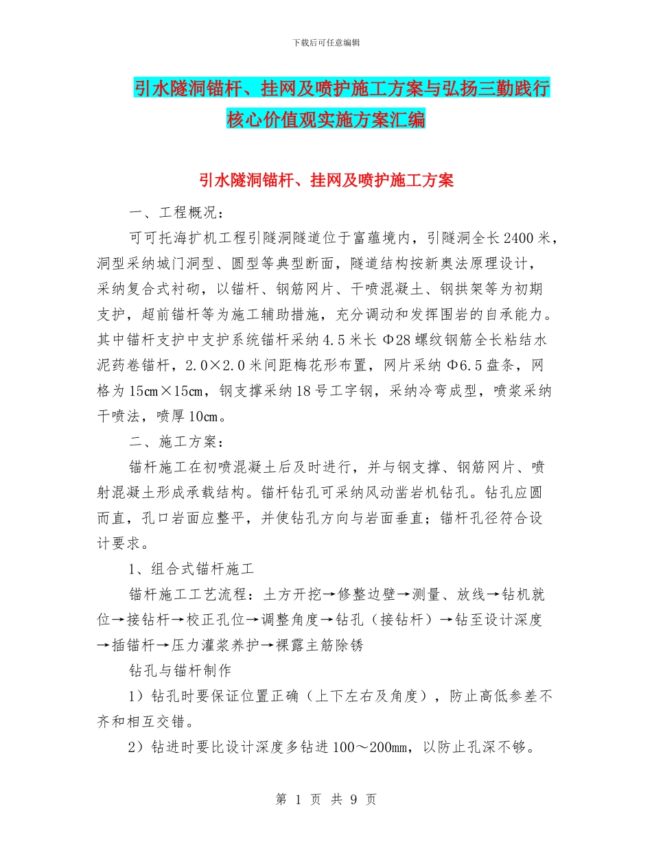 引水隧洞锚杆、挂网及喷护施工方案与弘扬三勤践行核心价值观实施方案汇编_第1页