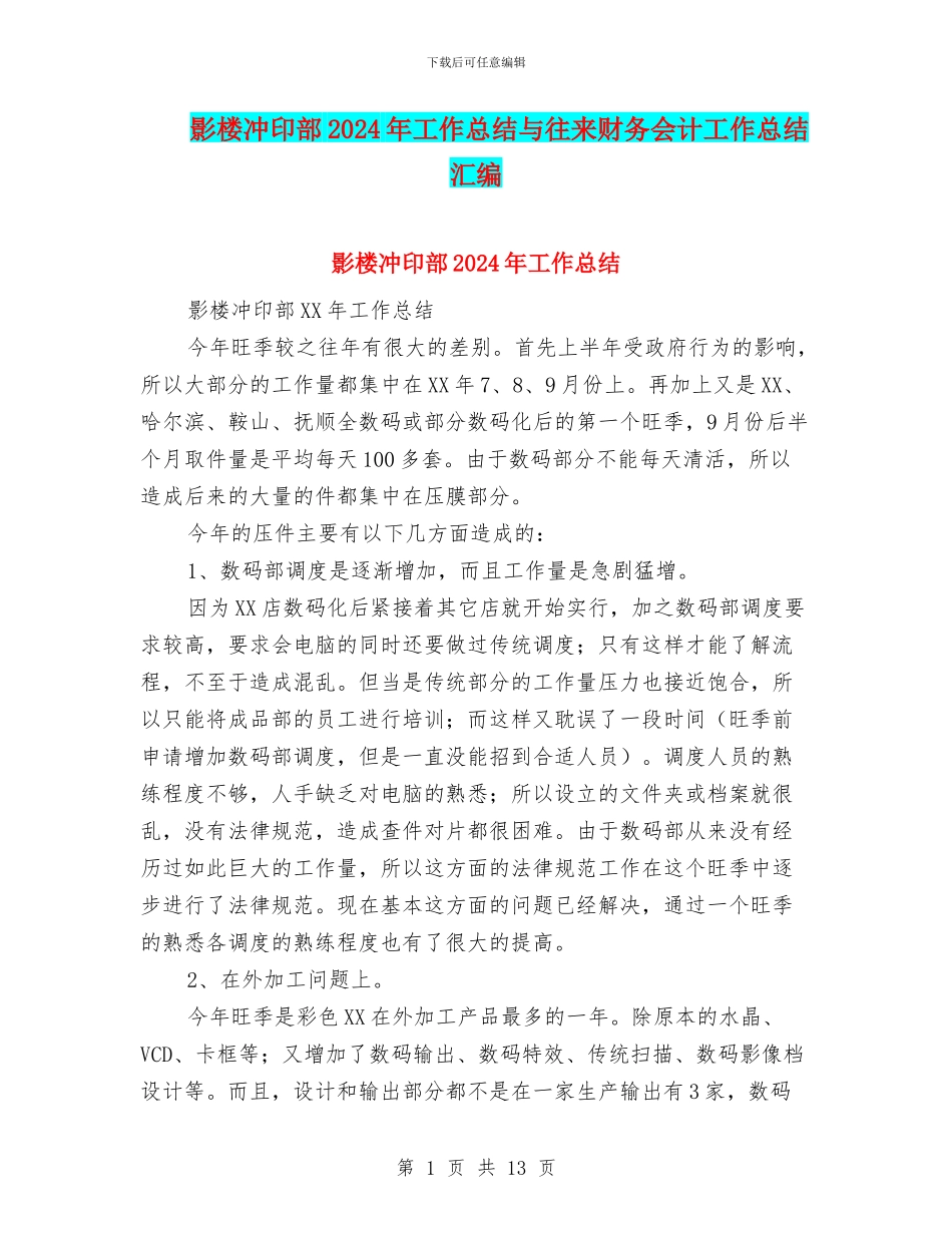 影楼冲印部2024年工作总结与往来财务会计工作总结汇编_第1页