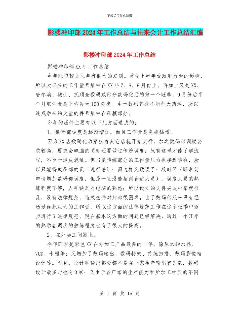 影楼冲印部2024年工作总结与往来会计工作总结汇编_第1页