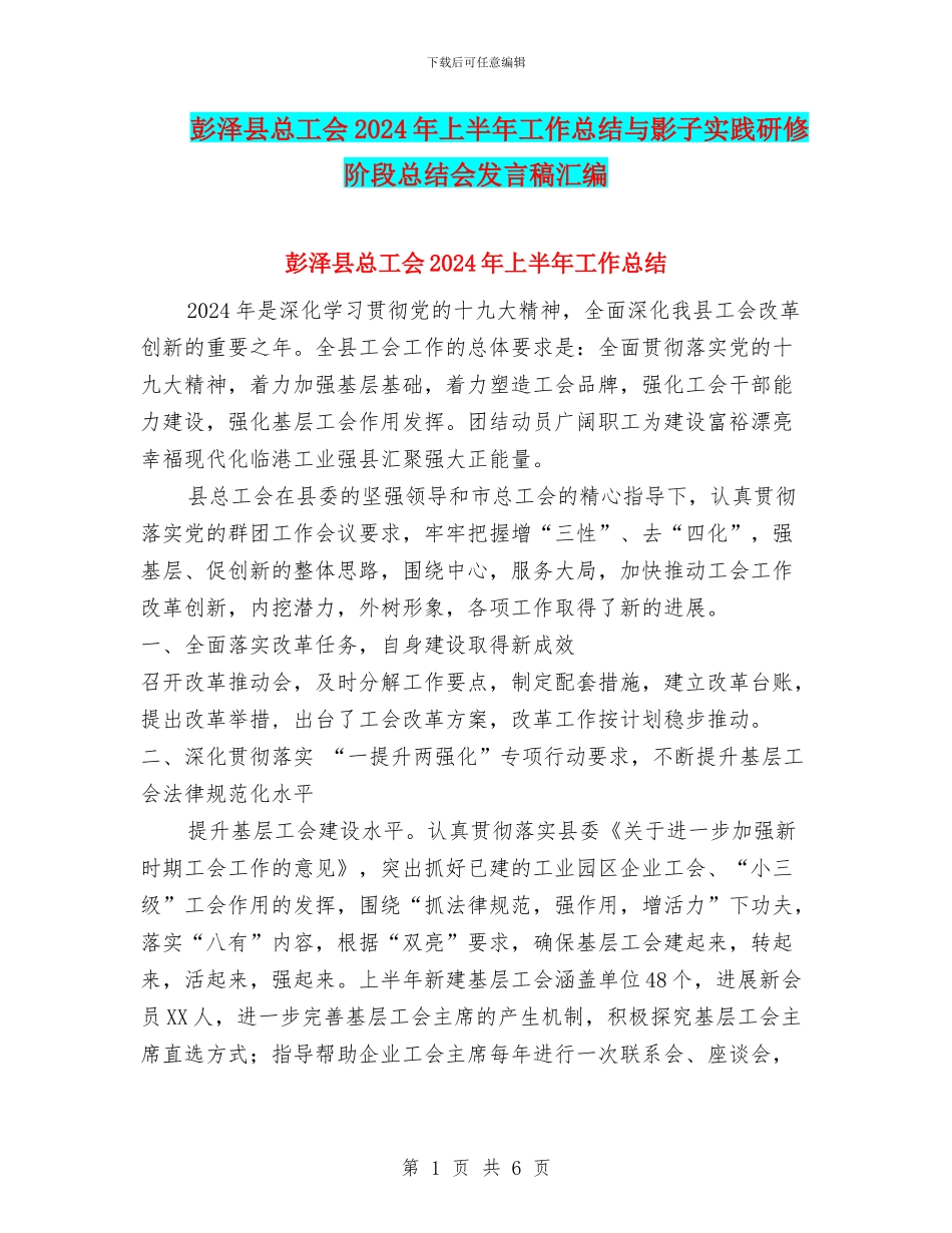 彭泽县总工会2024年上半年工作总结与影子实践研修阶段总结会发言稿汇编_第1页