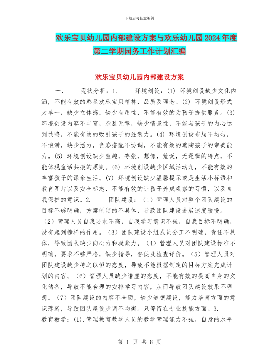 快乐宝贝幼儿园内部建设方案与快乐幼儿园2024年度第二学期园务工作计划汇编_第1页