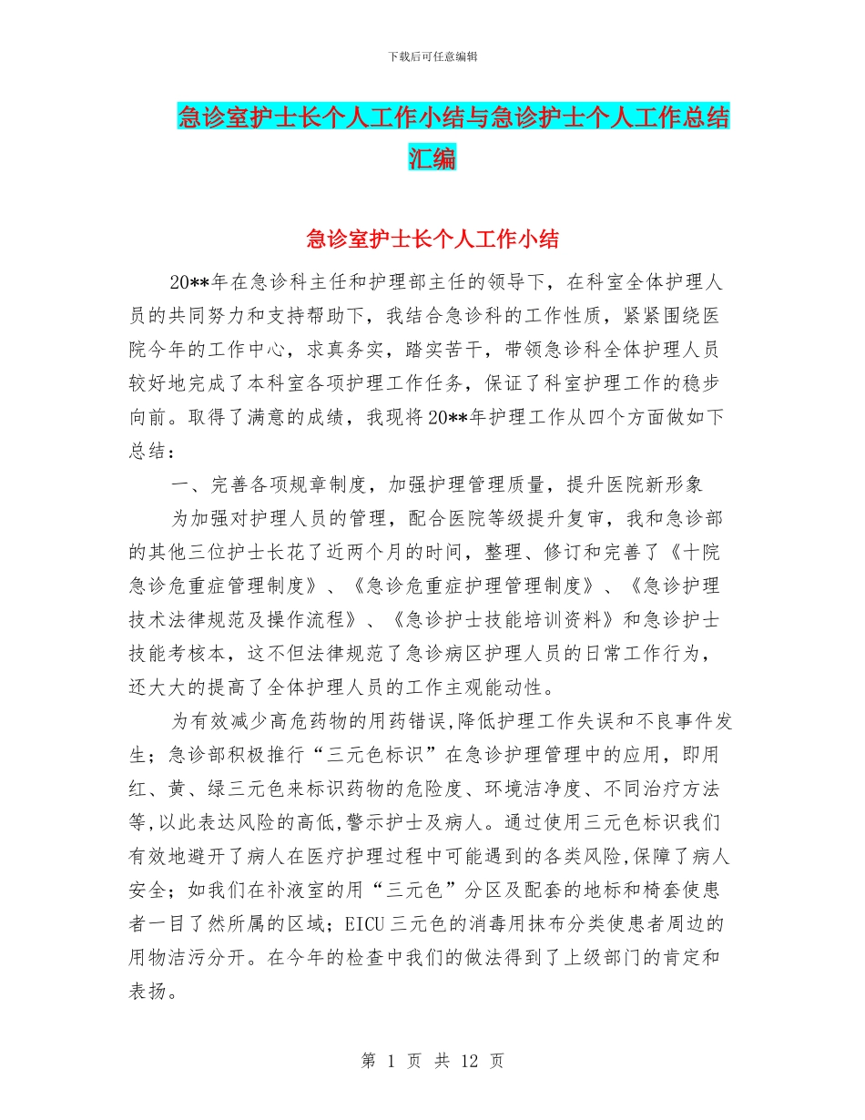 急诊室护士长个人工作小结与急诊护士个人工作总结汇编_第1页