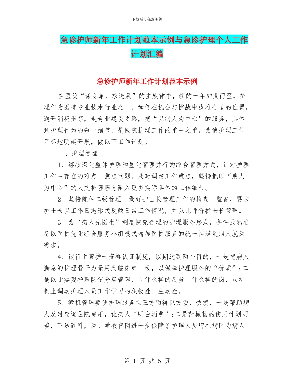 急诊护师新年工作计划范本示例与急诊护理个人工作计划汇编_第1页