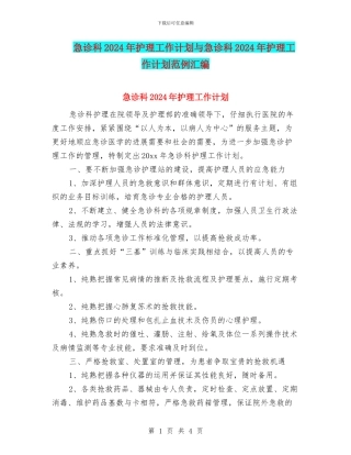 急诊科2024年护理工作计划与急诊科2024年护理工作计划范例汇编