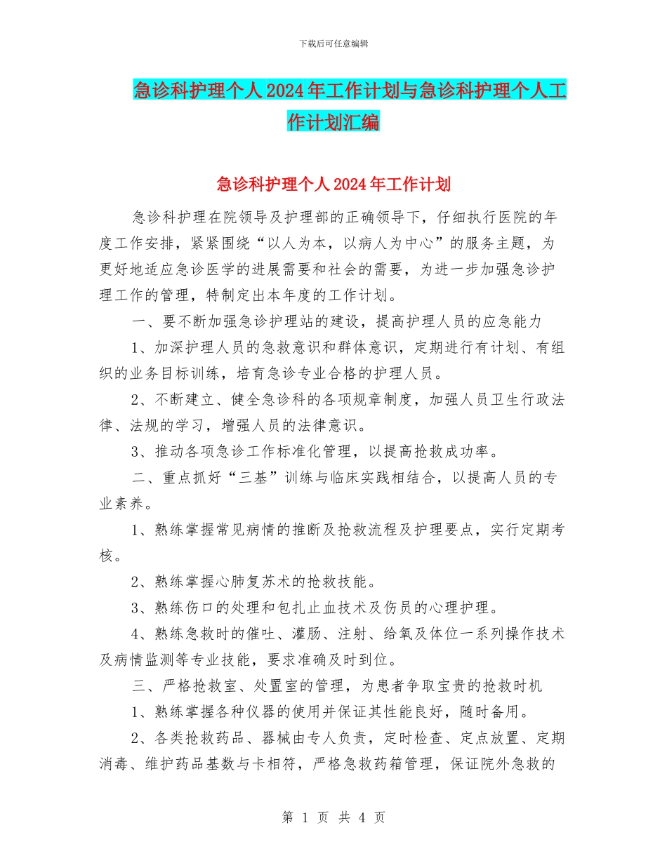 急诊科护理个人2024年工作计划与急诊科护理个人工作计划汇编_第1页