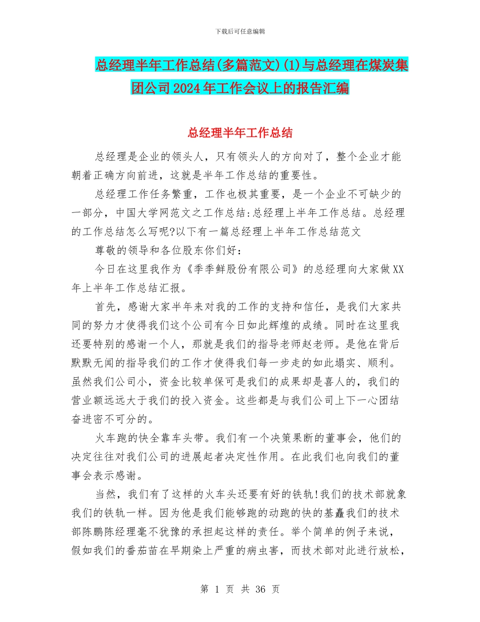 总经理半年工作总结(1)与总经理在煤炭集团公司2024年工作会议上的报告汇编_第1页