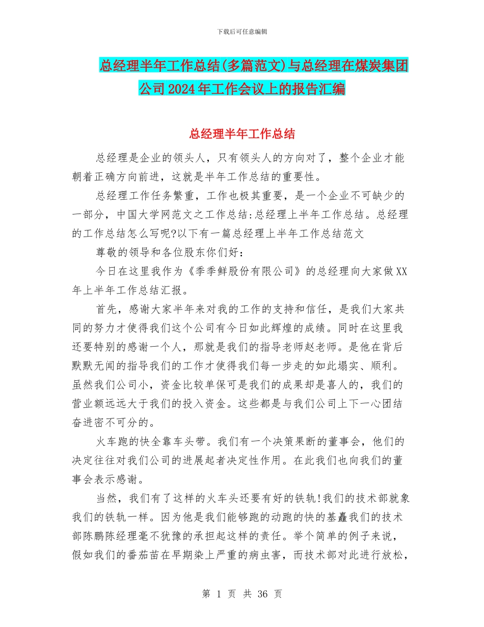 总经理半年工作总结与总经理在煤炭集团公司2024年工作会议上的报告汇编.doc_第1页