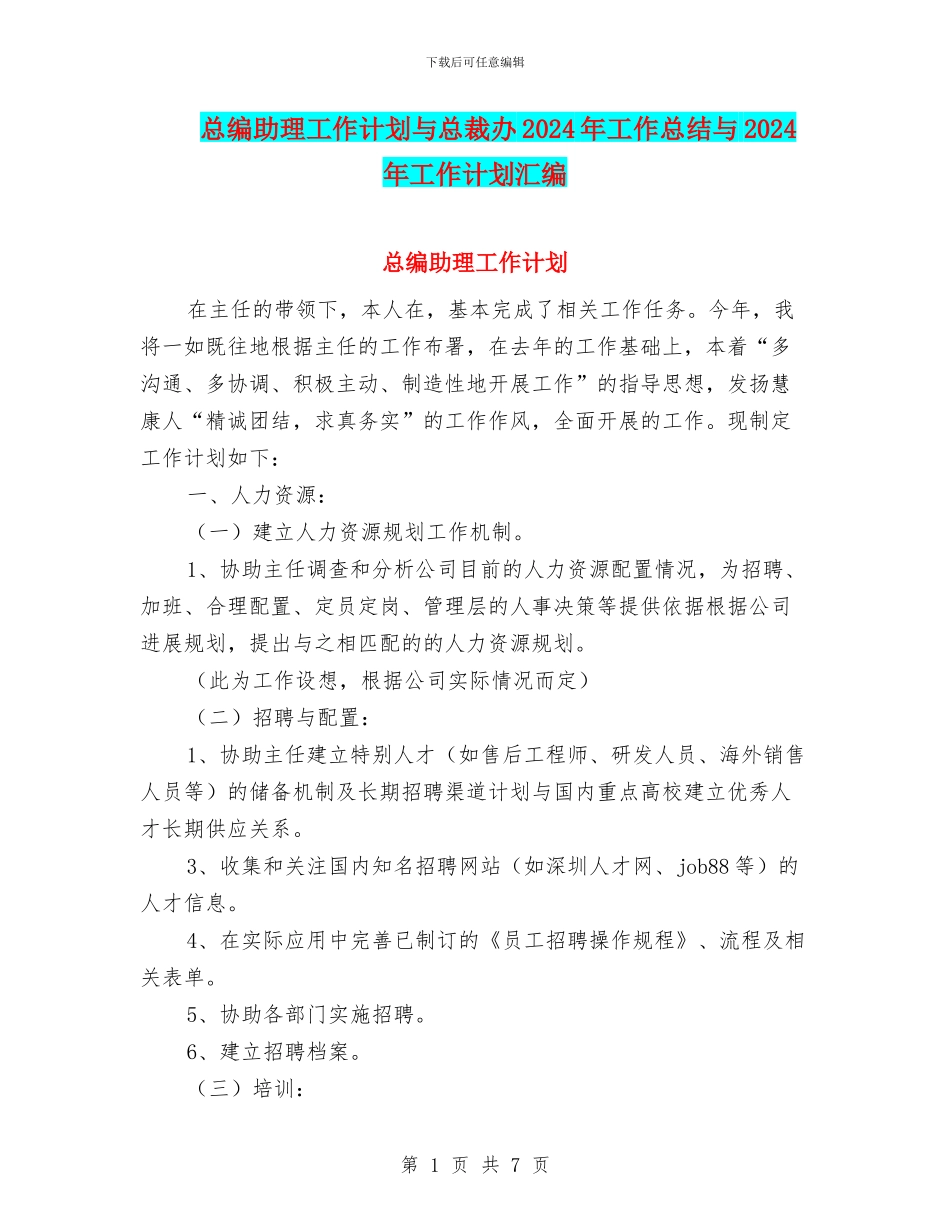 总编助理工作计划与总裁办2024年工作总结与2024年工作计划汇编_第1页