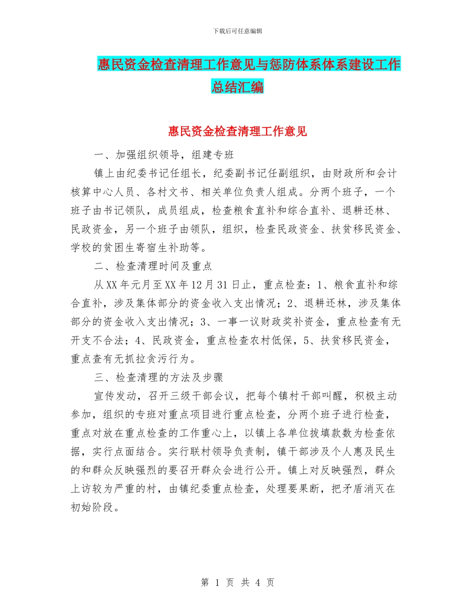 惠民资金检查清理工作意见与惩防体系体系建设工作总结汇编_第1页